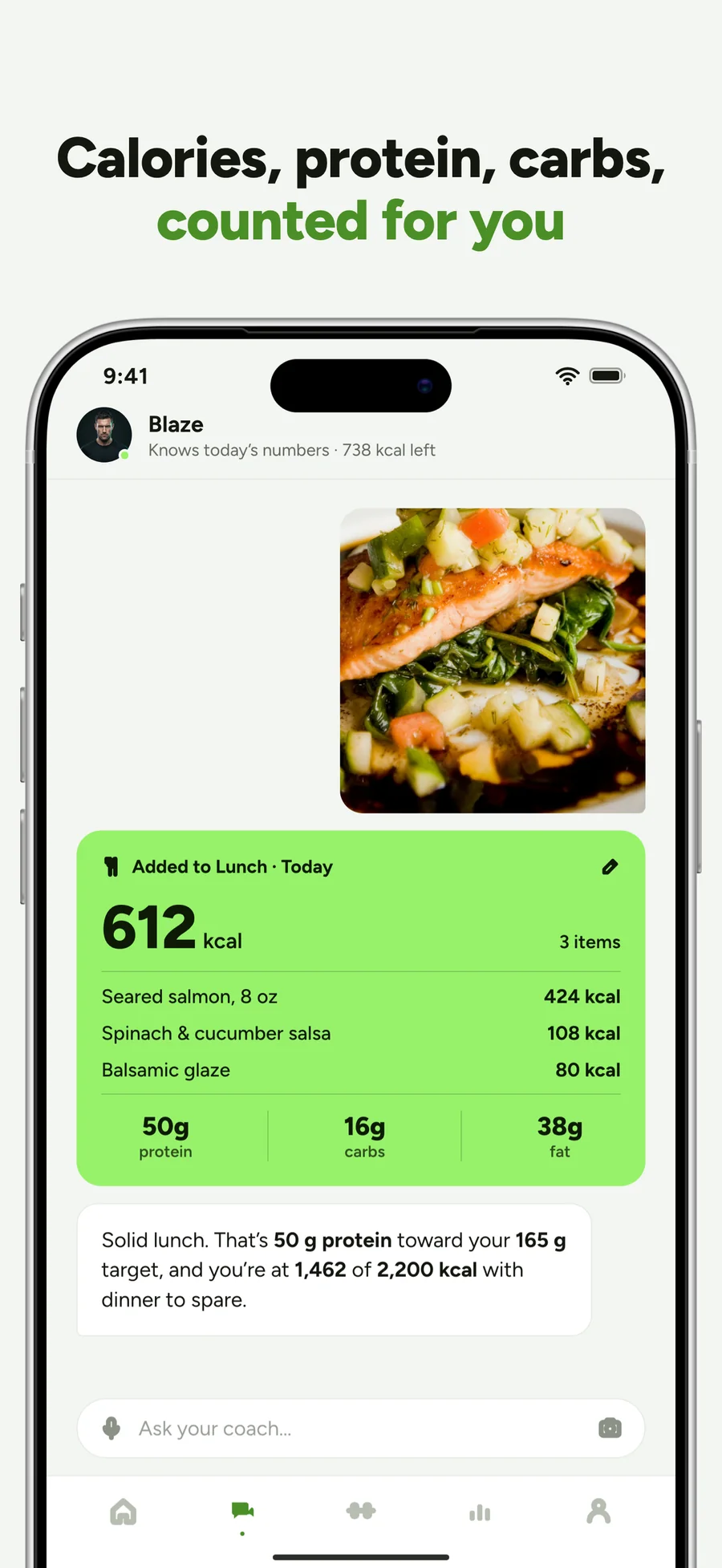 Calories, protein, carbs, counted for you from one photo