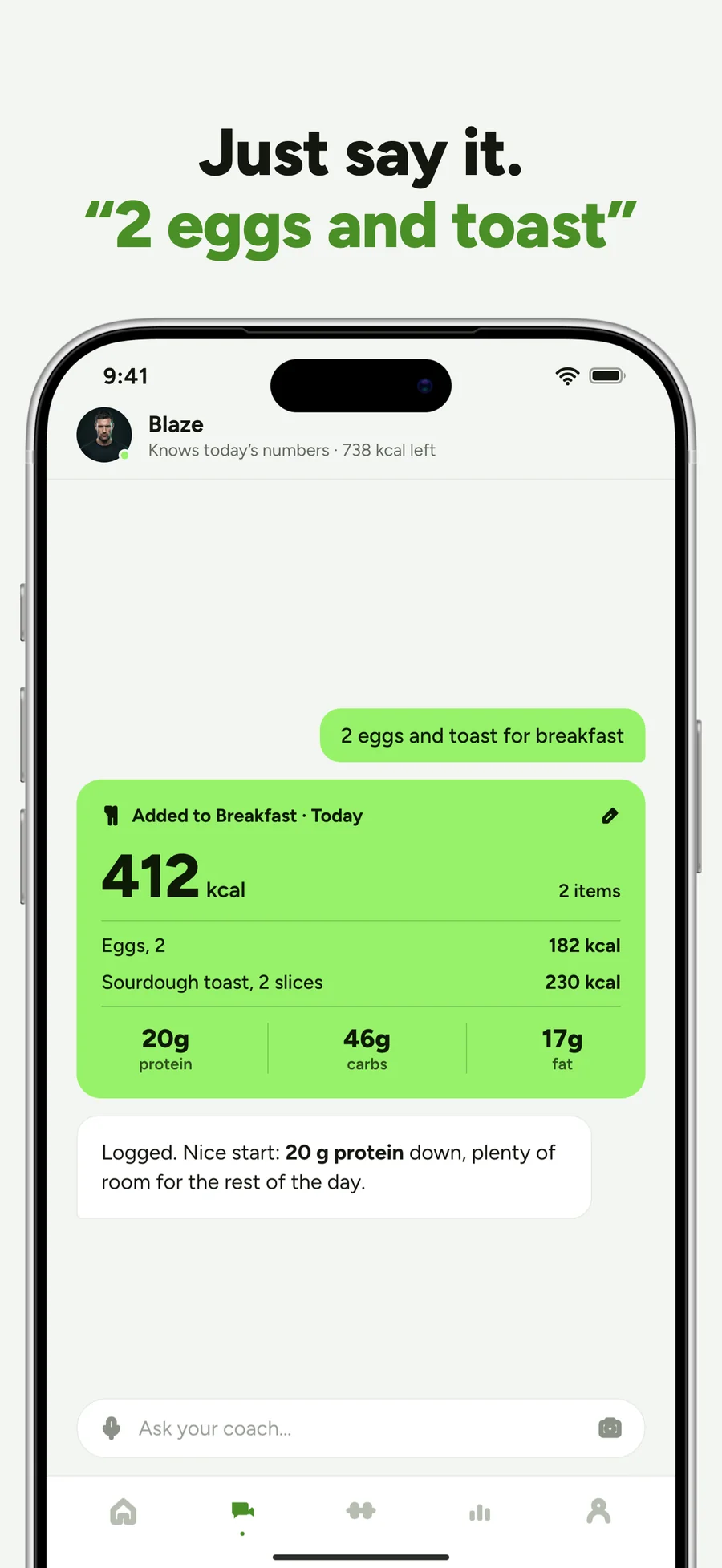 Just say it: logging two eggs and toast by describing them to the coach