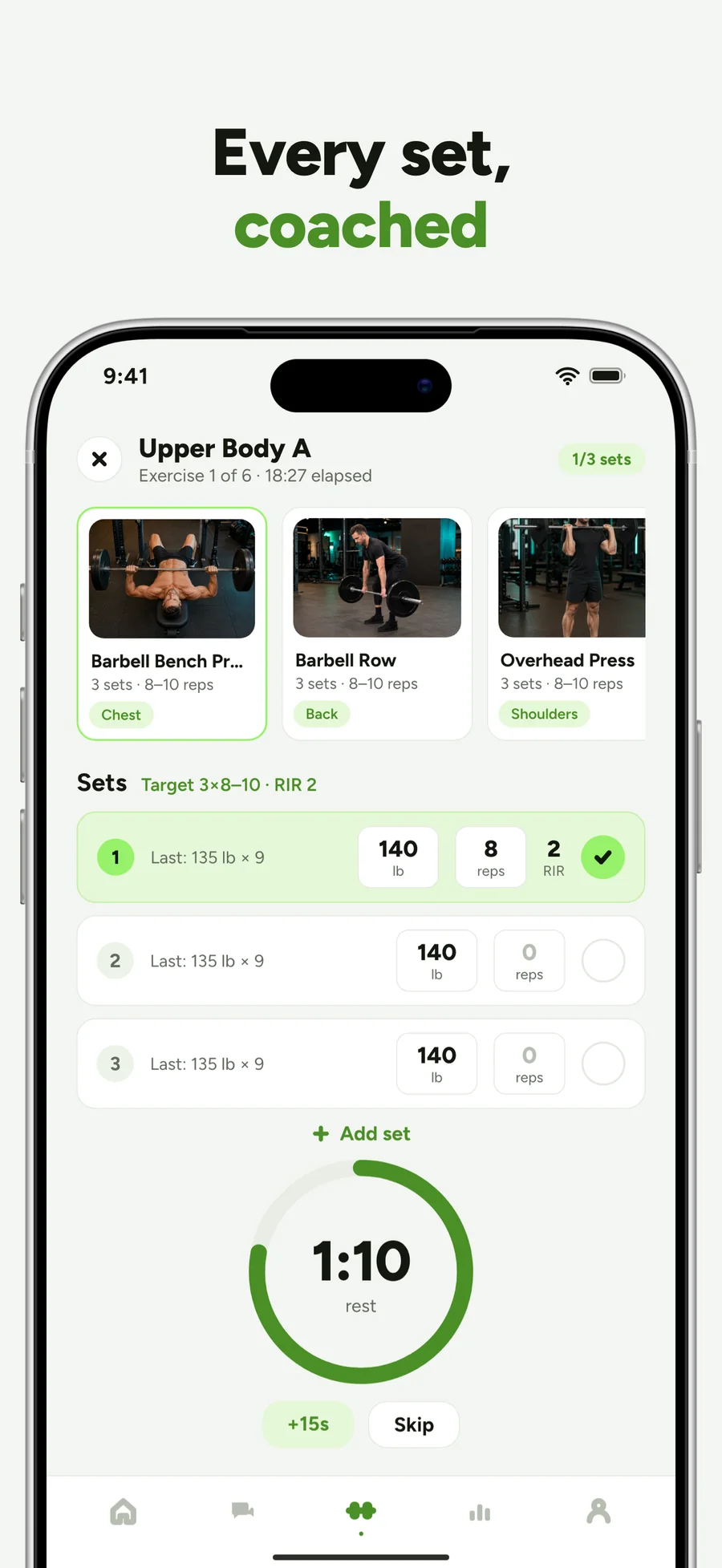 Every set, coached: live Upper Body A workout with sets, reps and the rest timer