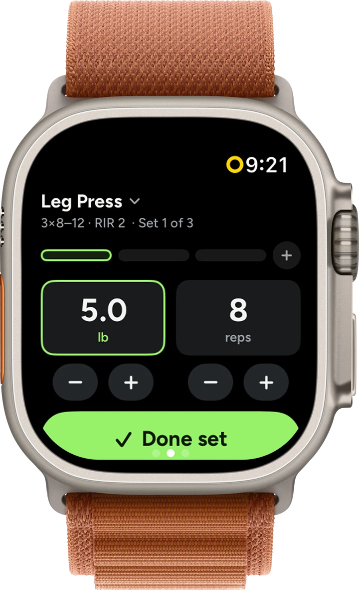 Vitalume on Apple Watch: logging a Leg Press set, 5 lb for 8 reps, Done set